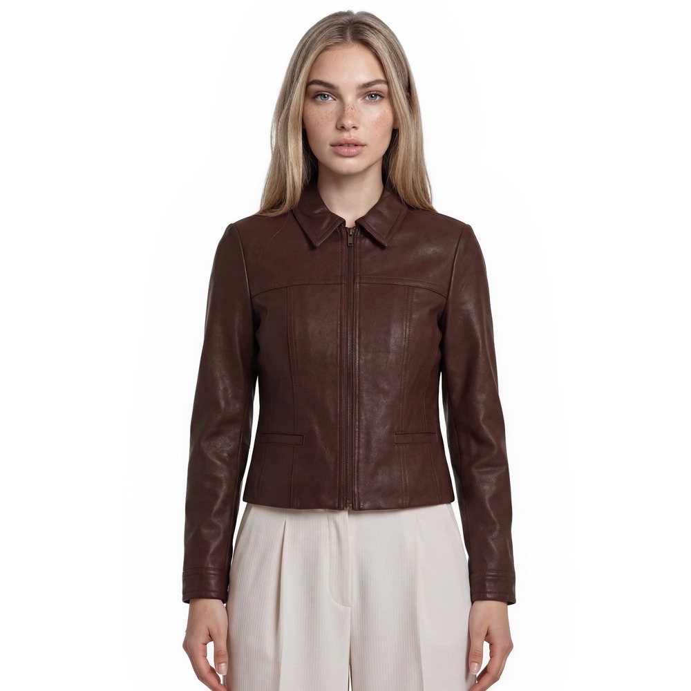 Kasper Leather Jacket Women's Size Small Brown 100% Genuine Leather Moto Zip